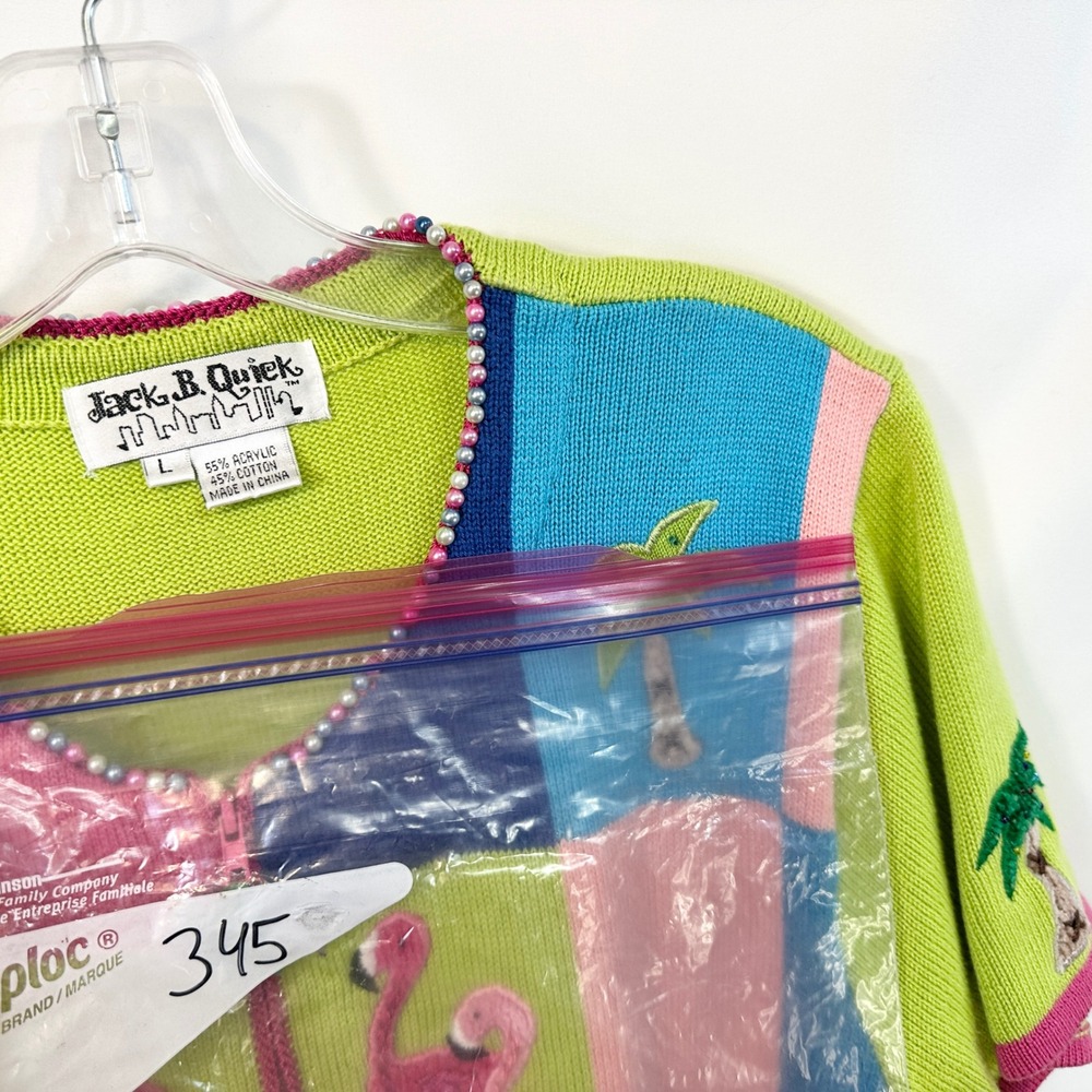 VTG‎ Jack B Quick Large Sweater Flamingo Beaded Zip Beachy Coastal Novelty 345 - Picture 11 of 11